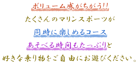 ボリューム感がちがう!! たくさんのマリンスポーツが同時に楽しめるコース あそべる時間もたっぷりと好きな乗り物をご自由にお遊びください。