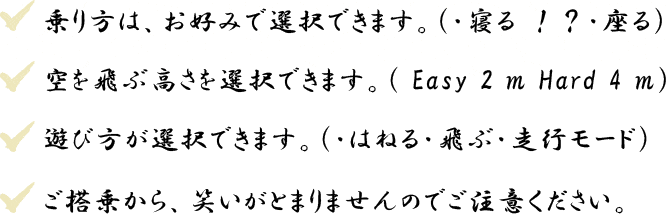 乗り方は、お好みで選択できます。（・寝る ！？・座る） 空を飛ぶ高さを選択できます。（ Easy 2 ｍ Hard 4 ｍ） 遊び方が選択できます。（・はねる・飛ぶ・走行モード） ご搭乗から、笑いがとまりませんのでご注意ください。